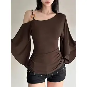 Asymmetric Off-Shoulder Beaded Batwing Sleeve Slim Fit Waist-Cinching Vintage Top T-Shirt with Slanted Shoulders for Streetwear