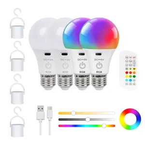 FRIDEKO HOME 4Pack Rechargeable Emergency Light Bulbs Camping Lamp RGB LED with Remote Touch Control 150LM USB-C Charging 2600mAh Battery Timer Adjustable Rgb Lighting