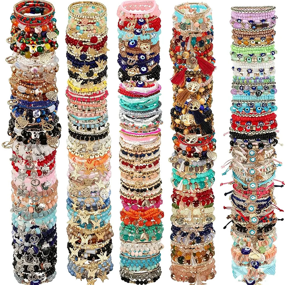 24pcs Mix Bohemian Beaded Bracelet Set for Women & - Multilayer Stackable Stretch Elastic Bands with Pastel & Vibrant Colors - Layered Bead Jewelry Gift for Beach Festival,summerwins