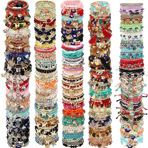 Women's 24pcs Bohemian Beaded Bracelet Set - Multilayer Stackable Stretch Elastic, Pastel+Bold Mix Bracelet Stacks, Assorted Colored Beaded Embellished Accessories for Beach Festival Adults Unisex Gift