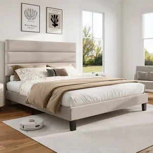 VanAcc Minimalist Bed Frame with Linen Upholstered Headboard, Modern Platform Bed with Wooden Slats Support, No Box Spring Needed, Easy Assembly, Full/Queen Size