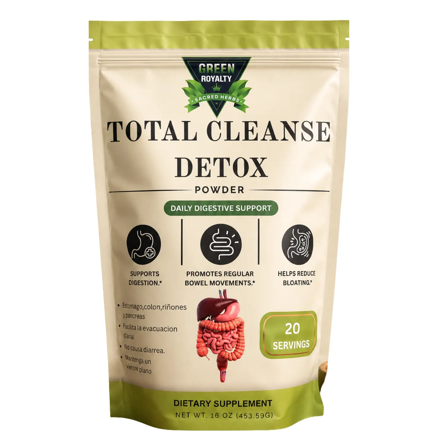 Green Royalty Total Cleanse Detox Powder 16oz - 453g Herbal Supplement for Digestive Health, Wellness, Metabolism Support