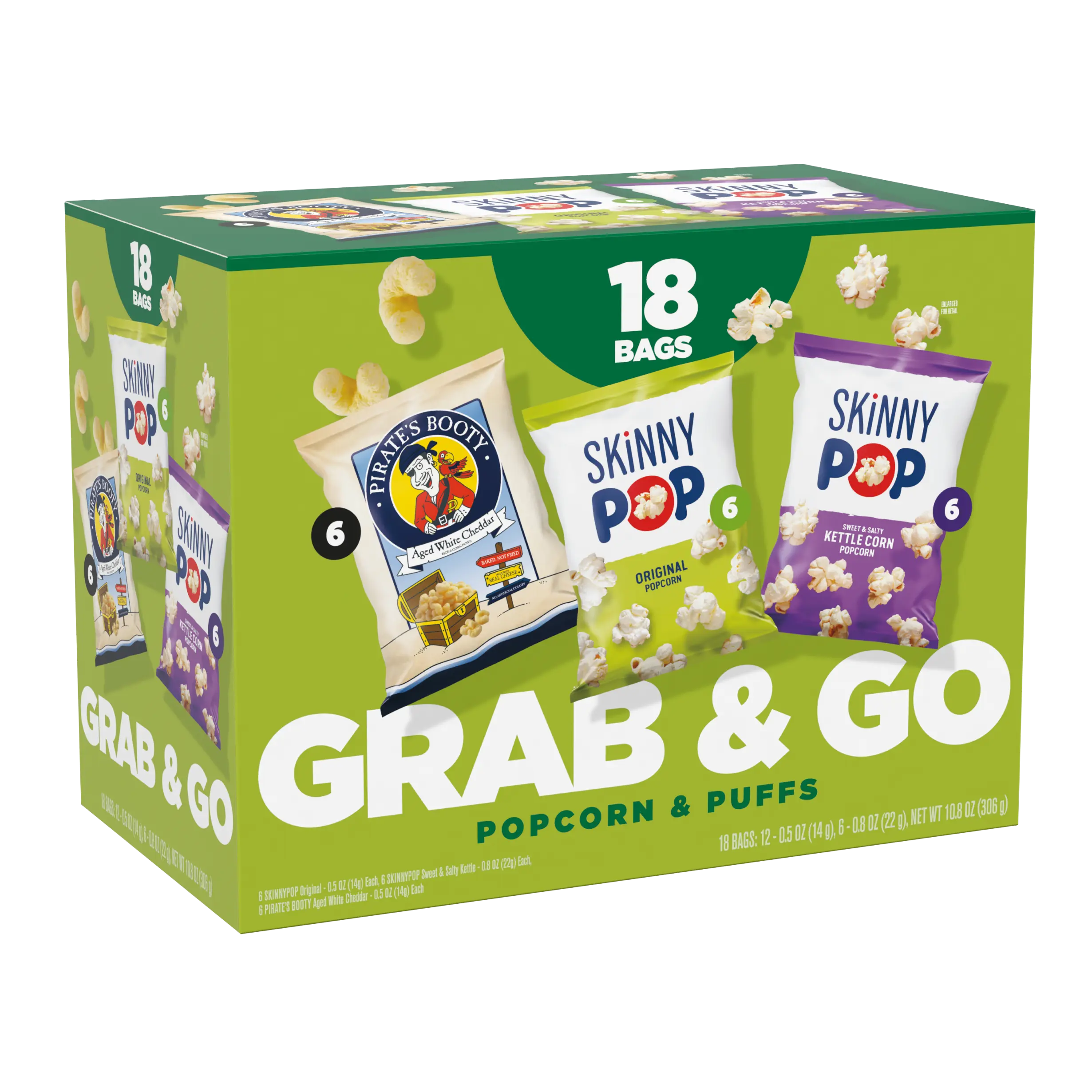 Crunchy SkinnyPop Popcorn & Pirate's Booty Puffs Snack Variety Pack - 0.5 oz Individual Bags, 18 Count