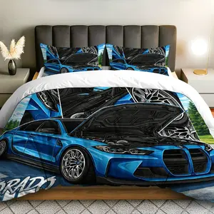 3PCS Duvet Cover Set, 1 Duvet+2 Pillowcases(Without filler), Blue Car Engine Racing Speed theme, Cool bedding set, Decorative Duvet Cover, Sports Car Bedding Suitable for decoration bedroom, guest room, teenager room, modern decor.