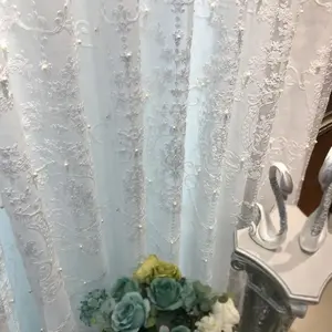 1pc Luxury Palace-Style White Embroidered Pearl Sheer Punching Curtains - 3D Embroidery & Pearl Accents, Light-Filtering & Private, Elegant Drape, Easy Punching Install