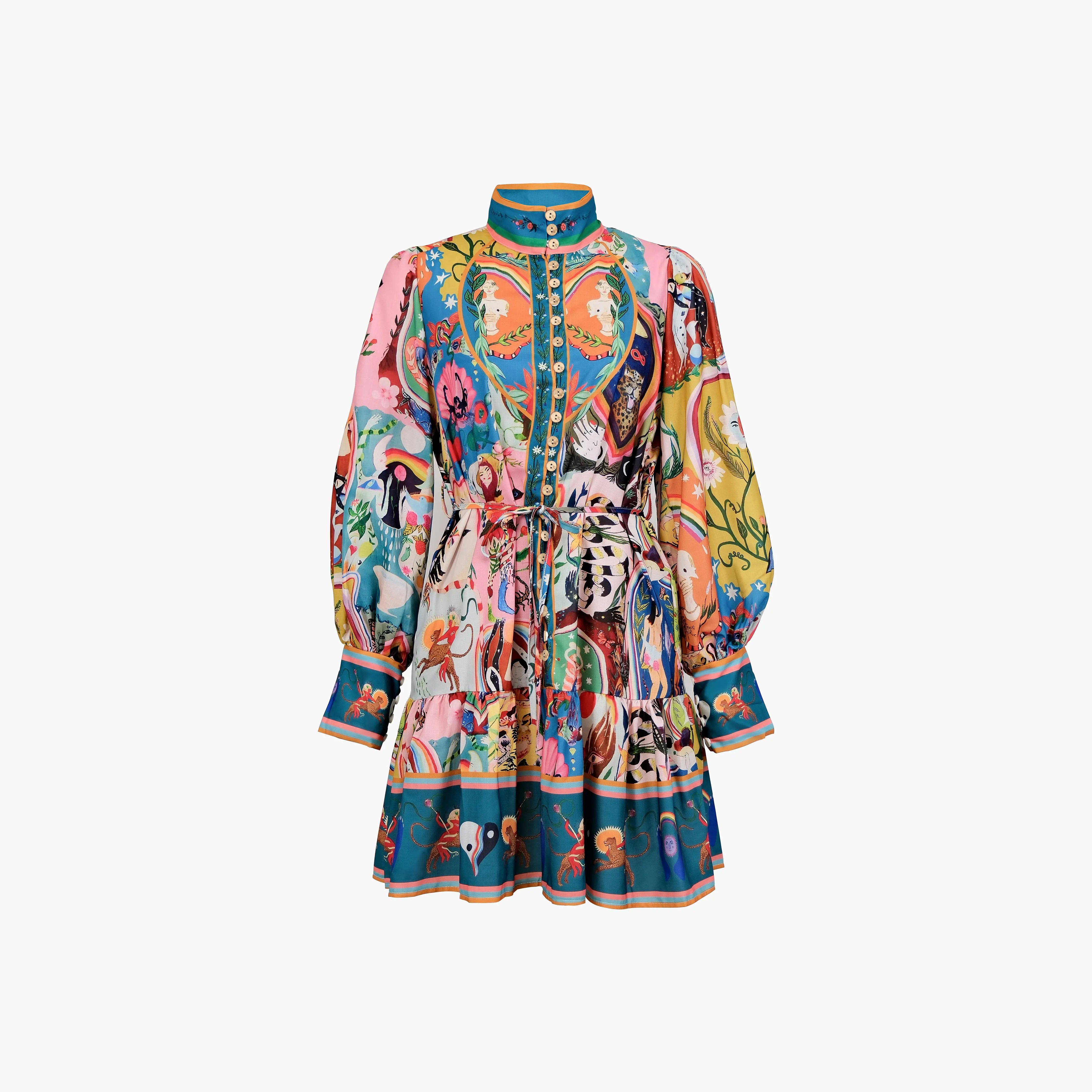 pleated dress printing lace up High Quality Printed Round Neck Lace Up Belt Maxi Pleated Long Dress Blue / One Size