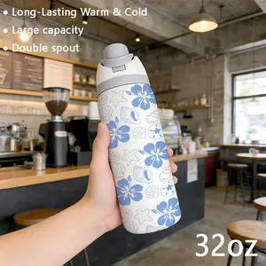 32oz Dual-Use Sports Water Bottle, Tumbler, Blue Floral Pattern, 304 Stainless Steel Large Capacity Insulated Cup, Drinkware, Portable, Perfect Gift for Women