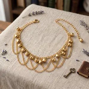 Women's Boho Gold Layered Anklet - Vintage Bell Charm Tassel Dangle Design, Ethnic Gypsy Belly Dance Adjustable Y2K Aesthetic Summer Costume Jewelry Gift
