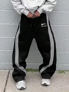 Men's Black Wide Leg Track Pants with Side Stripes, "The Star" Logo Elastic Waist Drawstring Joggers, Loose Fit Streetwear Sweatpants for Hip Hop, Urban Style and Daily Wear, Sports Trousers