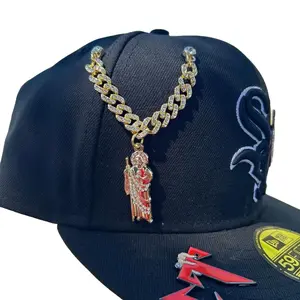 San Judas Gold Cuban Chain with Diamond Hat Pin & Chain for Hats - Luxury Jewelry Set