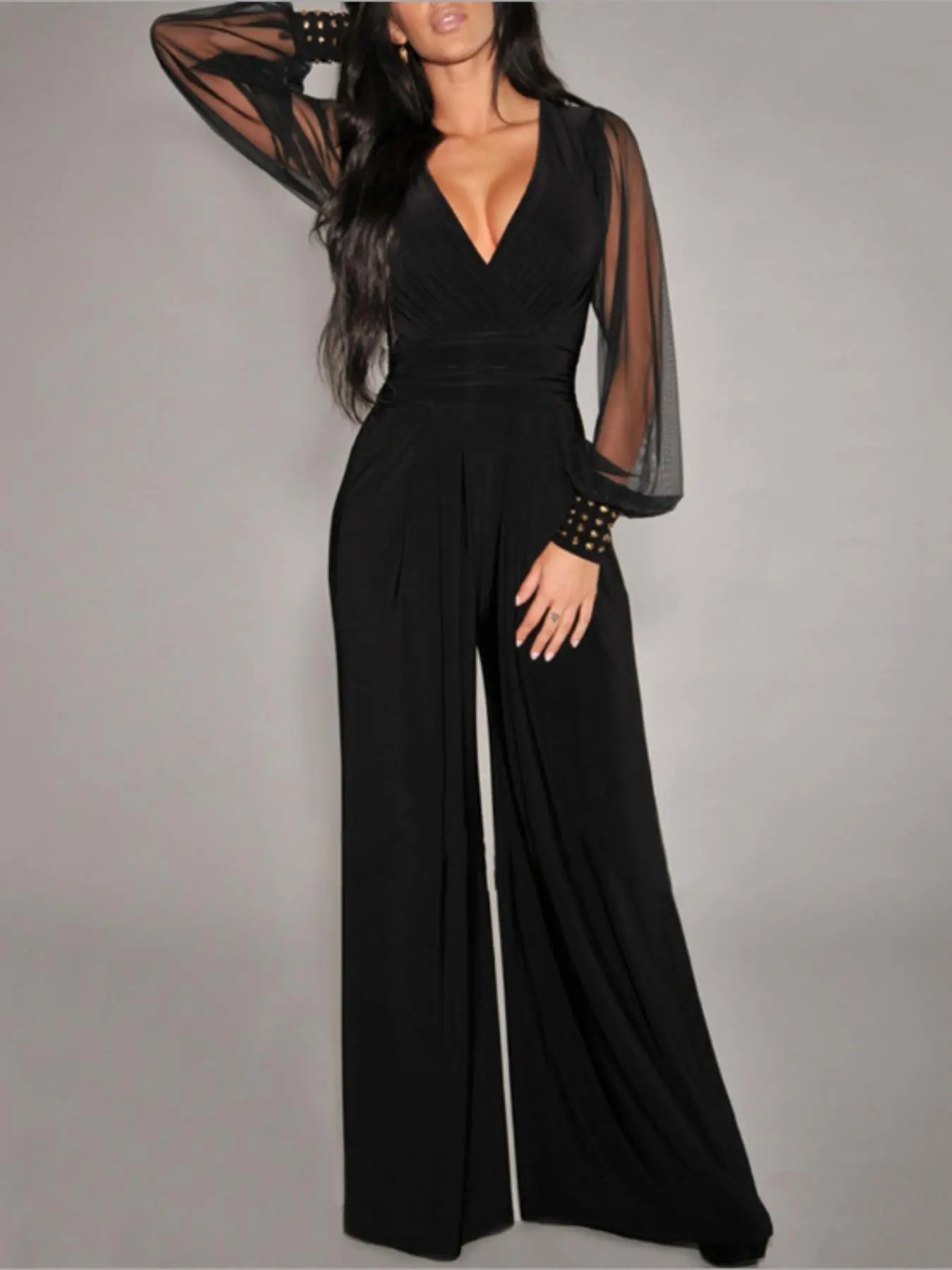 Women's Studded Decor Jumpsuit, Elegant Fashion Casual Fitted V Neck Jumpsuit for Daily Outdoor Wear, Ladies Clothes for All Seasons, Womenswear