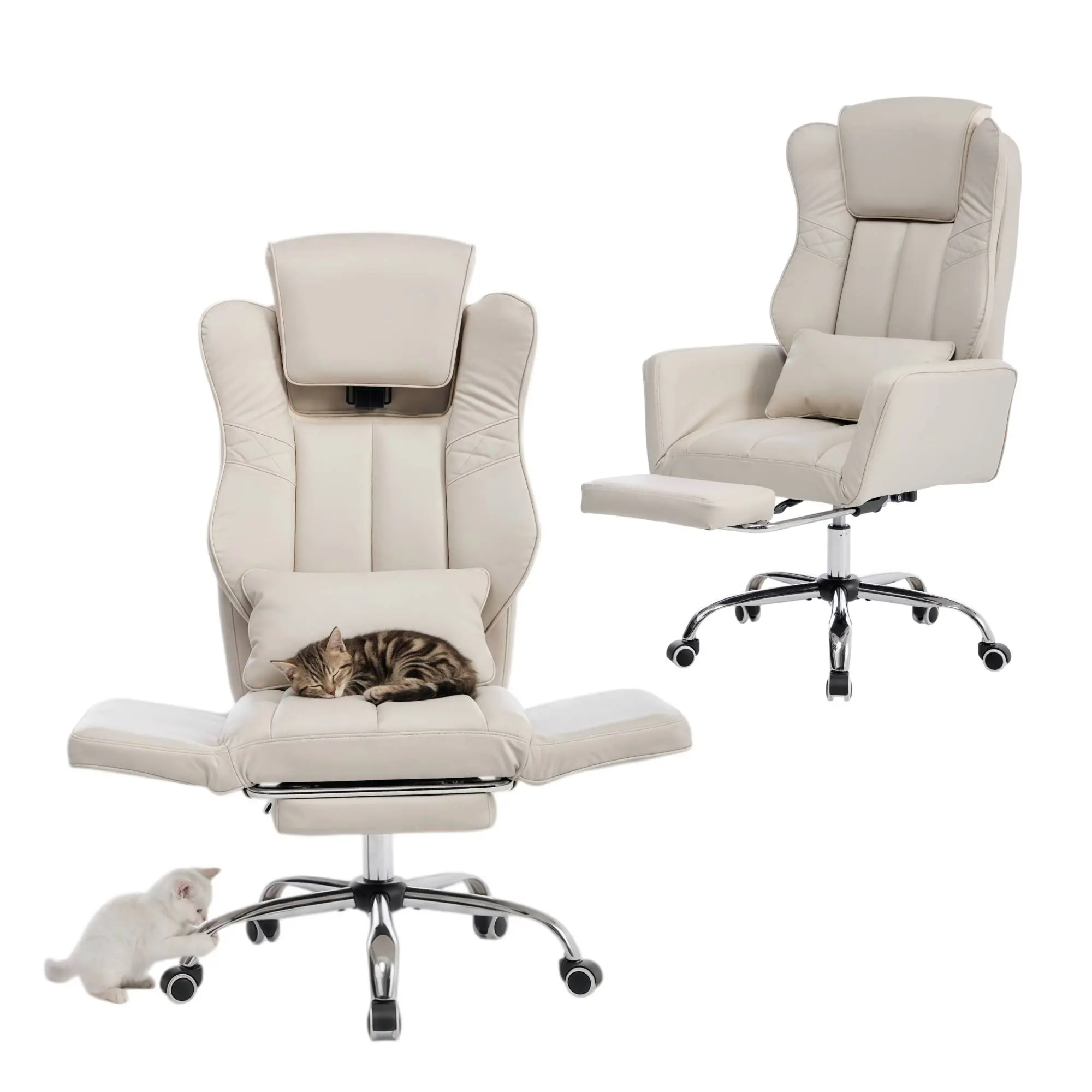 PU Leather High Back Executive Cross-Legged Office Chair - 5-Position Flip-Up Arms, Adjustable Headrest, 155° Recline, Lumbar Support, Footrest, 48.42 Inches, 300lbs Capacity, Pet-Friendly, Modern, Quick Setup, Assembly Required Home Office Desk Chair