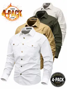 Men's 4-Pack Long Sleeve Work Shirts, Durable Wrinkle-Resistant Fabric, Dual Patch Pockets, Perfect for Construction & Outdoor Activities