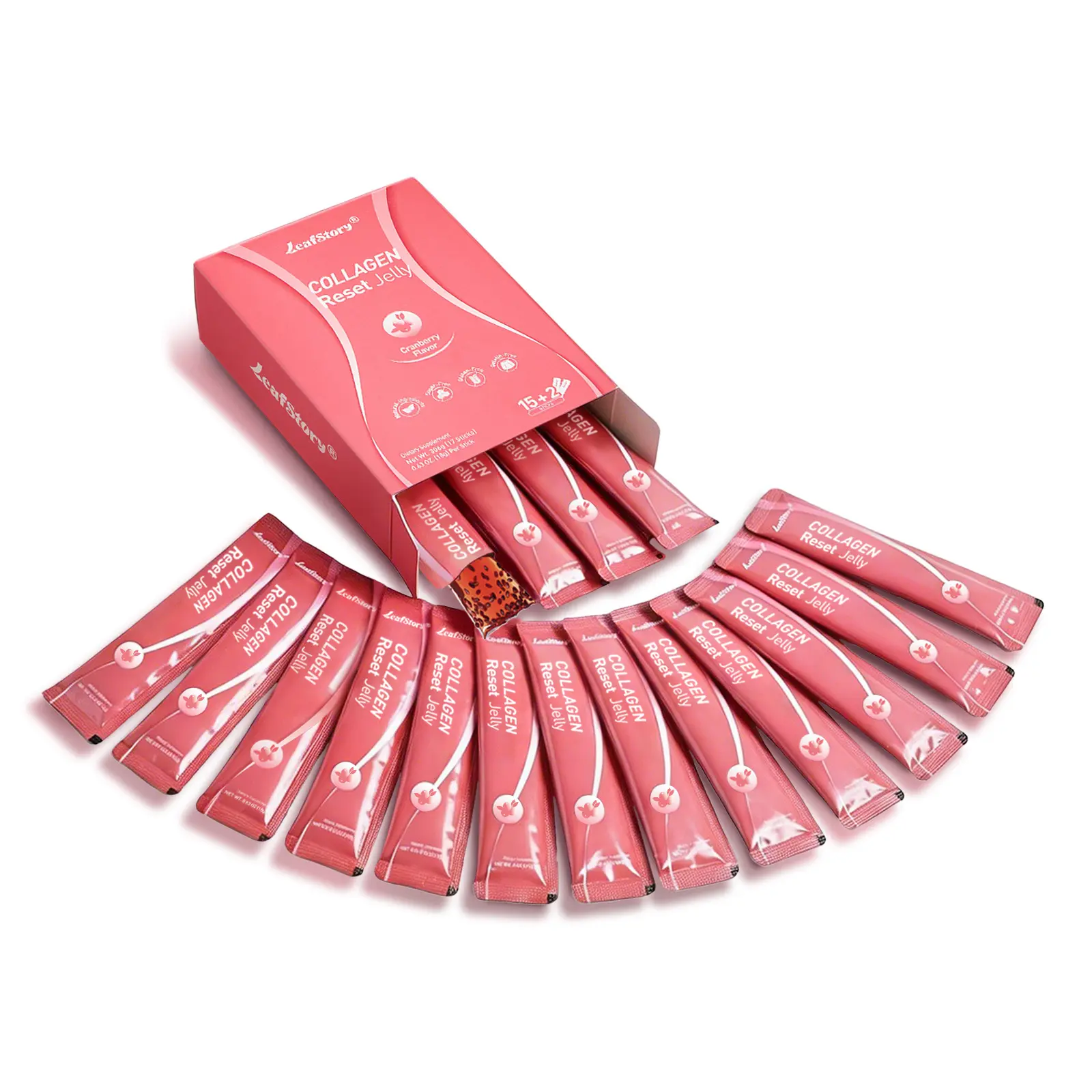 Cranberry Collagen Jelly (7/17/34 Sticks): 3000mg fish collagen, psyllium husk, yerba mate, chia seeds, konjac. Sugar-free, gluten-free, non-GMO, gelatin-free, dairy-free, halal-friendly. For beauty and a radiant look, from LeafStory-SC