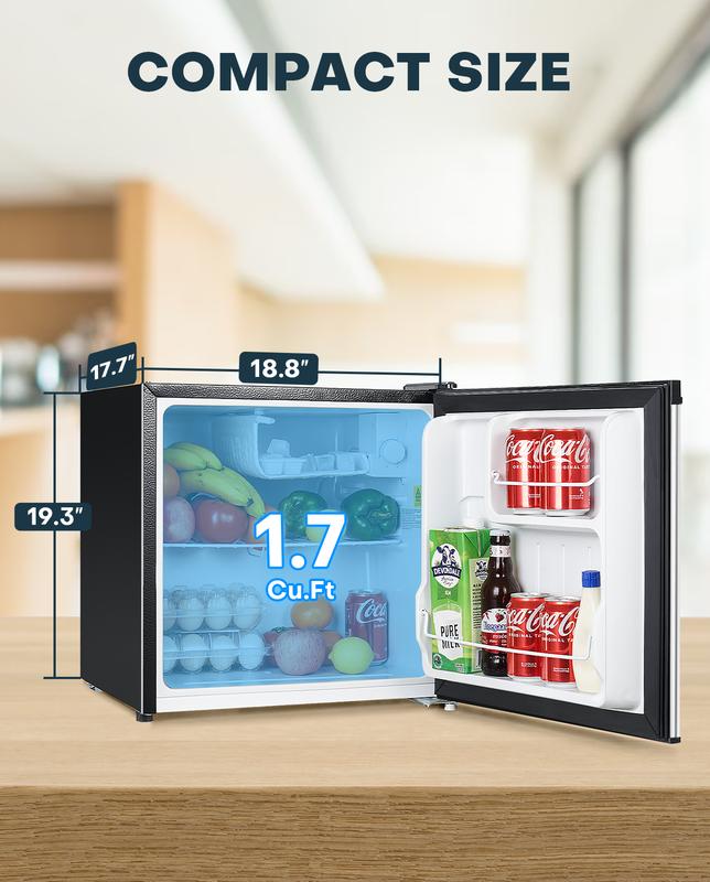 Upstreman mini fridges 1.7 Cu Ft with Freezer FR17 Adjustable Thermostat Energy Saving Low Noise Single Door Compact Refrigerator for Dorm Office Can Bedroom stainless Steel fridge mini  brands Small pantry drink fridge skincare fridge