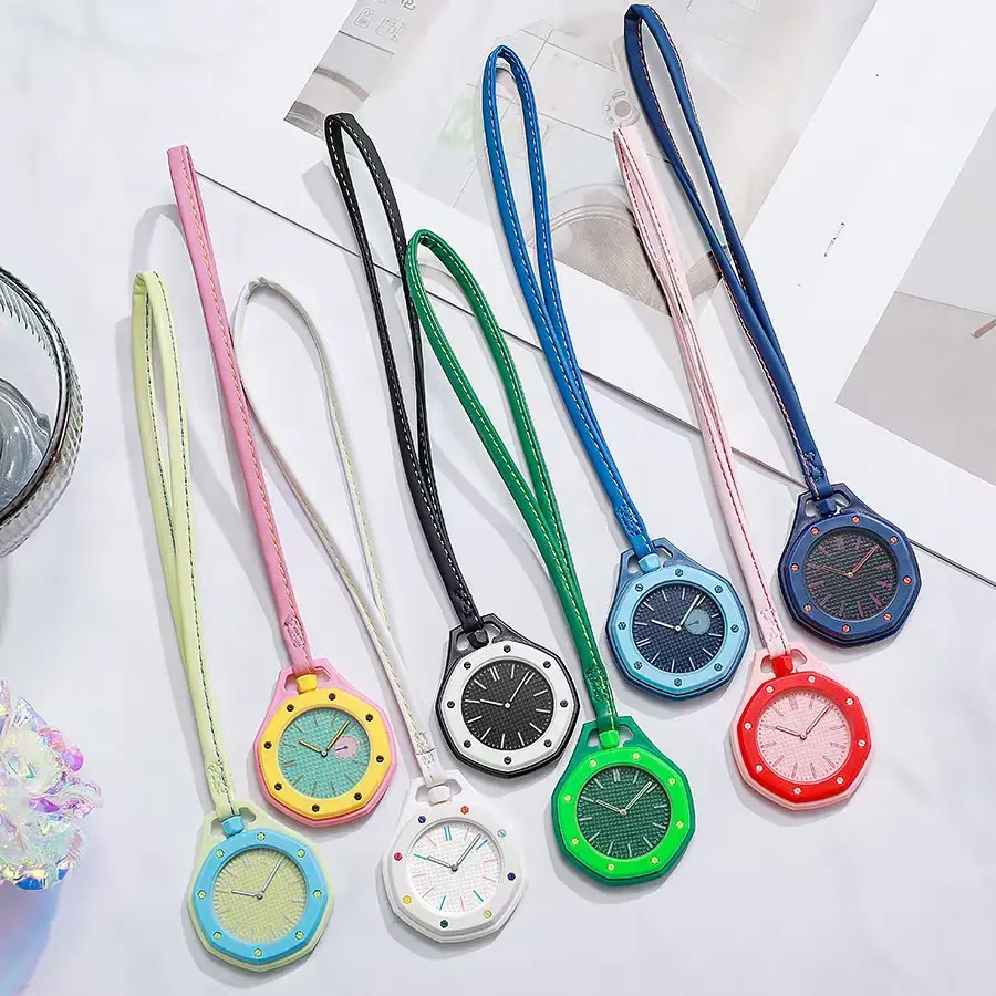 Octagon Hanging Pocket Watch with Rainbow Crystal Markers, Textured Grid Dial Analog Bag Clip Watch, Soft Leather Lanyard Pendant Watch, Fashion Colorful Minimalist Portable Timepiece Gift for Men Women