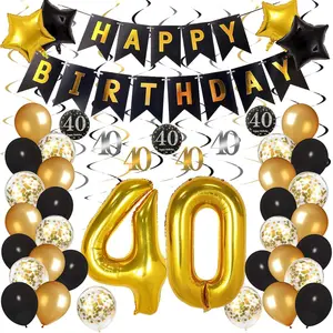 40th Birthday Decorations for Men Women, Black and Gold Party Decorations Kit - Happy Birthday Banner Black and Gold Balloons Confetti Balloons Swirls for 40th Birthday Decorations Party Supplies