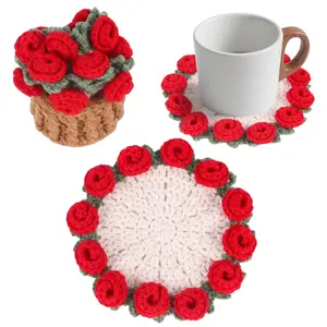 Handmade Crochet Flower Bouquet Blanket Coaster Set with Mini Basket -Boho Floral Coasters for Coffee Table, Wedding Gift, Housewarming, Anniversary, Mother's Day, Birthday Vintage Rose Design