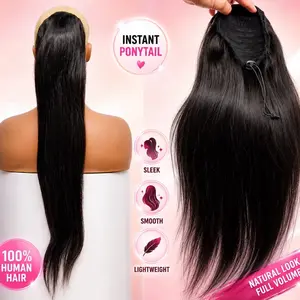 Straight Human Hair Natural Black Drawstring Ponytail Extension – Clip-In Wrap Around Ponytail 150% Density