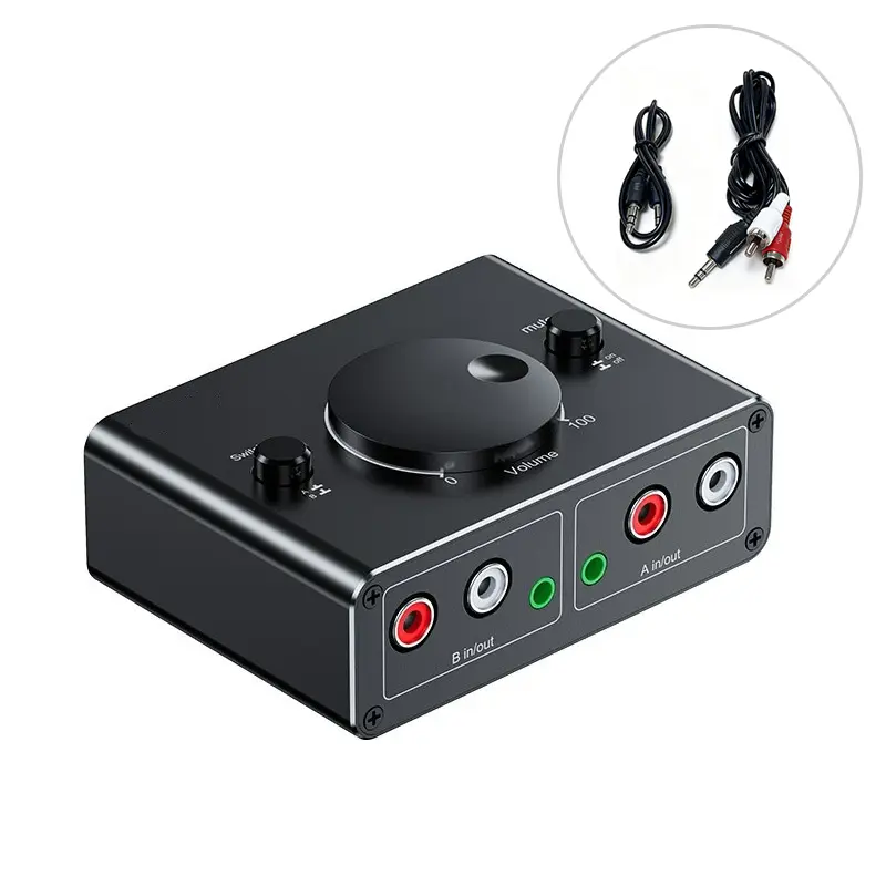 2RCA-3.5mm Bidirectional Audio Switcher, Durable Aluminium Mini Converter Audio Adapter with 2 Inputs, Volume Control, Plug-and-Play Accessory for Amplifier, PC, Mobile Phone, Accessories