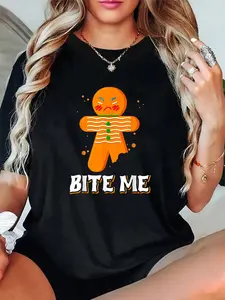 Gingerbread Man T-Shirt for Women, Funny Christmas Graphic Tee, 100% Cotton Short Sleeve Round Neck Relaxed Fit Top