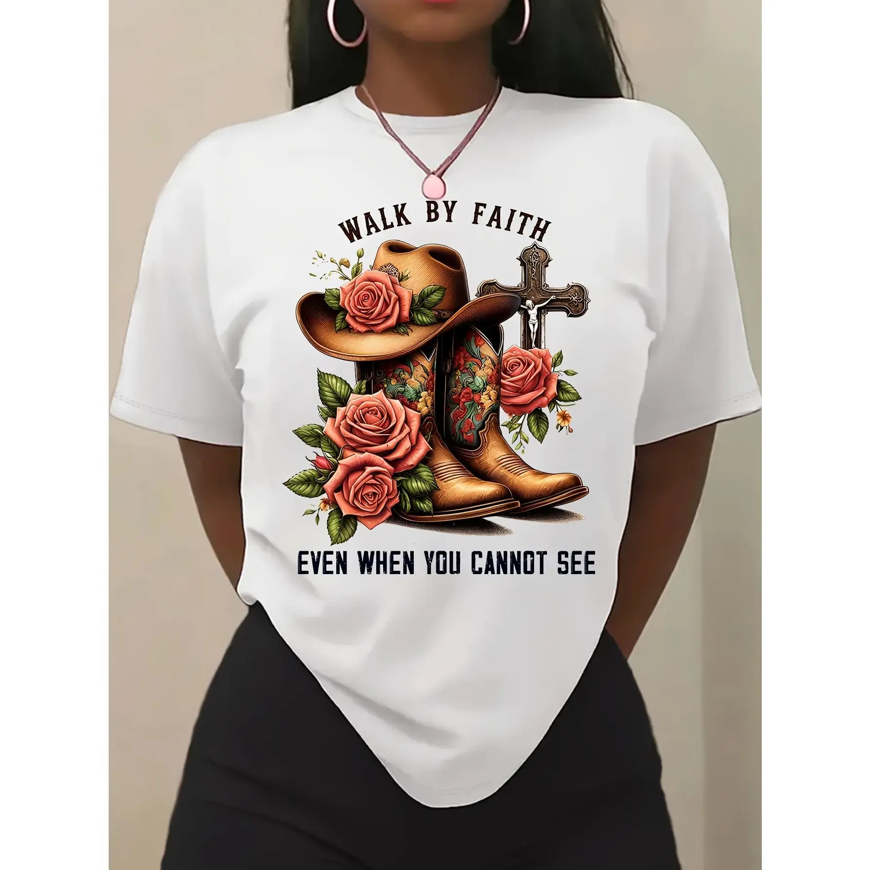 Women's Christian Faith-Based T-Shirt - Walk By Faith Inspirational Bible Verse Tee with Cowboy Boots & Roses, Soft Everyday Casual Top for Church, Western Events, Everyday Outfits - Floral Western Graphic Tee, Church Clothes for Ladies, Faithinspired Fas