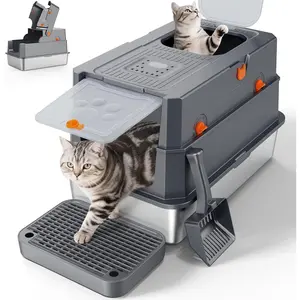 Stainless Steel Cat Litter Box with Lid, Large Enclosed Cat Litter Box Suitable for Large Cats, Metal Cat Litter Box with High Edge Enclosed Design and Scoop, Front and Rear Entry, Odor-Free, Leak-Proof, Gray