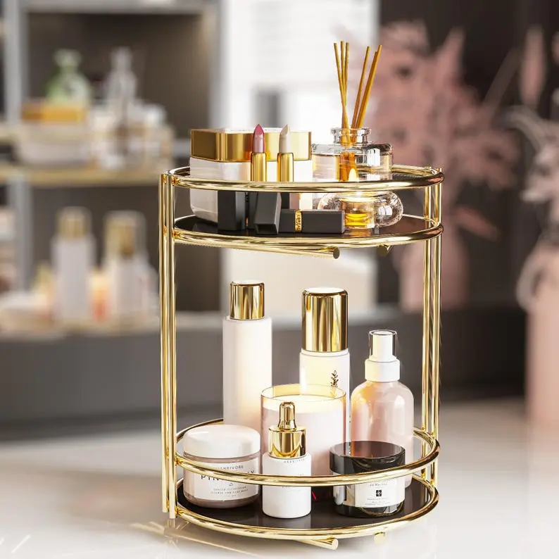 Gold 2-Tier Makeup Organizer: Bathroom Cosmetic & Jewelry Storage