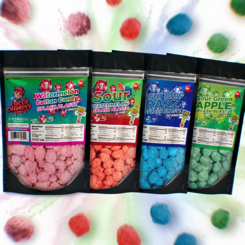 Viral Gushers 4 Pack Ultimate Splash Blastz 24oz Bundle (No Chamoy) - Sour Watermelon 6oz + Watermelon Cotton Candy 6oz + Sour Blue Razz 6oz + Sour Green Apple 6oz-Chicos Chamoyy- Fruity Snack Sweet