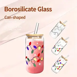16oz Can-shaped Glass Cup with Christmas Lights Print, Reusable Borosilicate Tumbler with Lid & Straw for Cold Brew