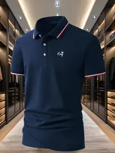 Plus Size Men's Business Polo Shirt, Fitted Casual Collared, Comfortable Breathable Fabric, Color Block Short Sleeve with Crown Letter Print, Ideal for Summer Outdoor Casual Wear