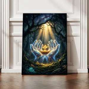 Mystical Glowing Hands Forest Canvas Wall Art Spiritual Room Decor Tree of Life Print