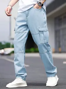 Men's light blue street-style straight-leg cargo jeans, featuring multiple pocket designs, a loose fit, and classic denim fabric. They are durable, wear-resistant, and suitable for daily outings and casual activities for all body types. Denim Trouser