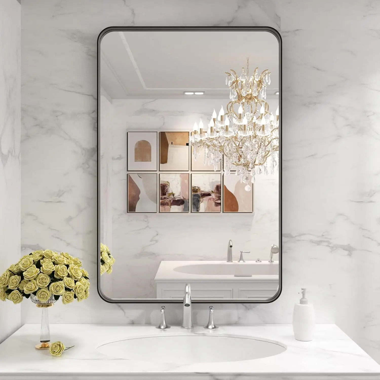 Black Metal Framed Vanity Rounded Rectangle Bathroom Mirrors for Over Sink Wall, 24x36 Inch Large Matte Mirror, Modern Decorative for Restroom, Farmhouse, Horizontally or Vertically Hanging