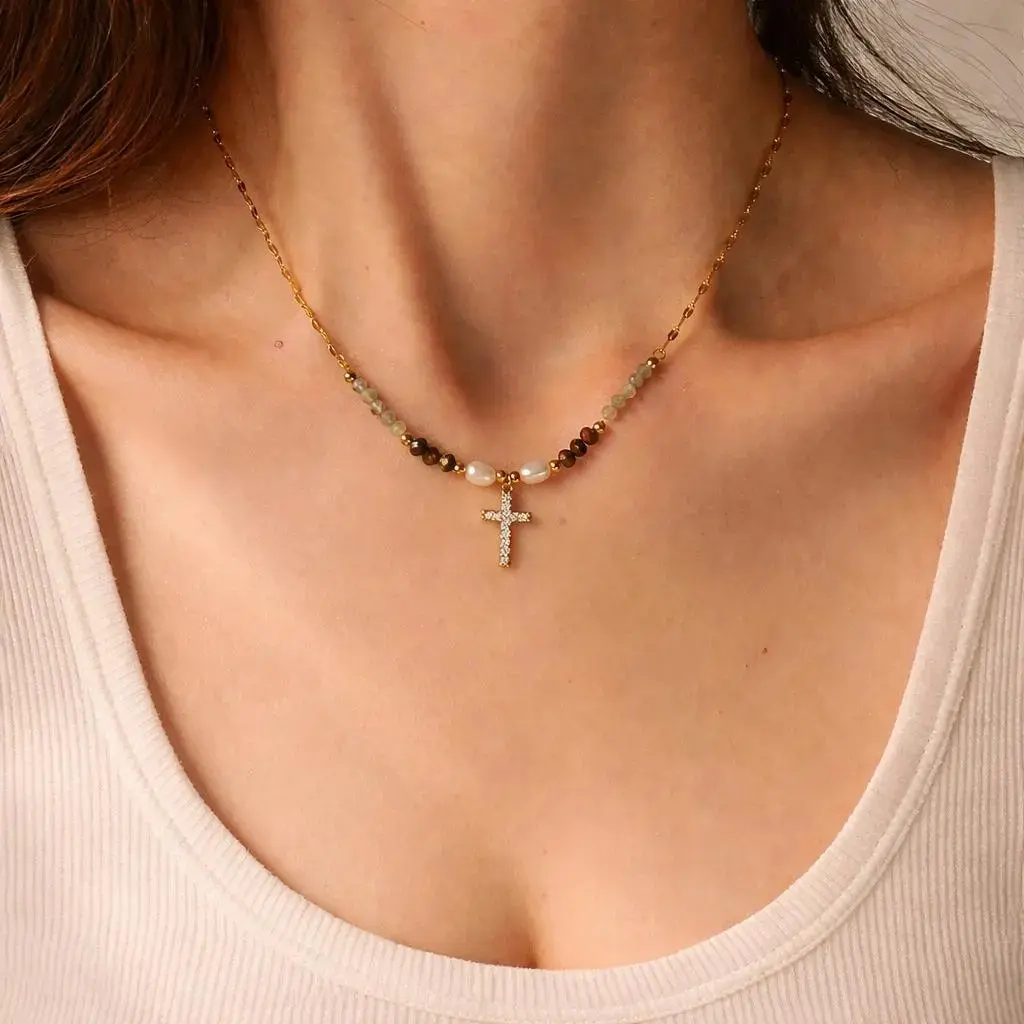 Waterproof Gold Cross Necklace for Women | Freshwater Pearl Beaded Necklace | Stainless Steel Tarnish-Free Christian Jewelry | Layering Necklace Gift