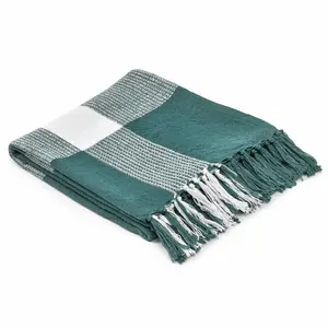 360 stand Woven Cotton Checkered Throw Blanket - Green, Contemporary Home Decor, Soft Touch, Cotton Fiber, Reversible Side