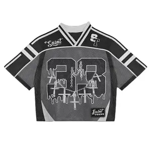 Cropped Black Mesh Football Jersey Saint #23 Cross Pattern V-Neck Street Style Summer Athletic Shirt Unisex Casual Loose Sports Wear Men Women Gothic