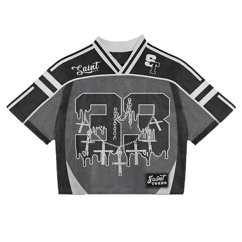 Cropped Black Mesh Football Jersey Saint #23 Cross Pattern V-Neck