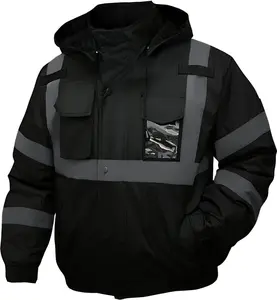 American size High Visibility Reflective Jackets for Men, Waterproof Safety Jacket for Men with Pockets, Black Work Construction Coats for Winter Cold Weather