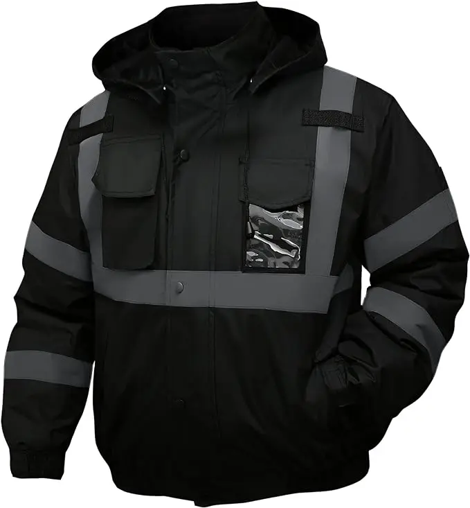 American size High Visibility Reflective Jackets for Men, Waterproof Safety Jacket for Men with Pockets, Black Work Construction Coats for Winter Cold Weather