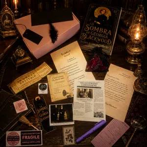 Box coleccionable con la novela de fantasía y brujas de La sombra de Georgia Blackwood. Incluye libro firmado por la autora y objetos estilo gótico alusivos a la historia.