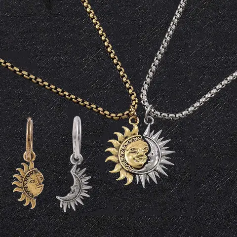 Unisex Adults' Celestial Sun Moon Matching Artificial Gemstone Jewelry Set - 60cm/23.62in Asymmetrical Necklace, 1 Pair of Stud Earrings, Daily Wear, Symbolic Meaning, Ideal Birthday Anniversary Gift