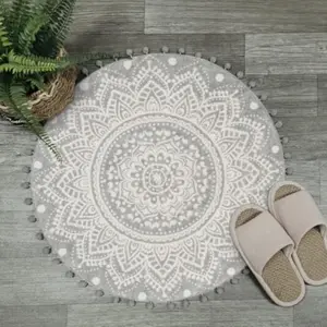 Small Round Rug 2.3 Grey Mandala Boho Bathroom Rugs with Pom Poms Fringe Washable Circle Shower Mat Soft NonSlip Cute Circular Throw Rug for Sink Powder Room Bedroom Room Nursery