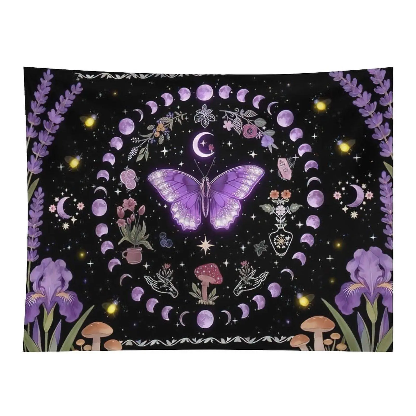 Purple Butterfly Moon Phase Tapestry Witchy Floral Wall Hanging, Celestial Cottagecore Tapestry for Bedroom Dorm Decor
