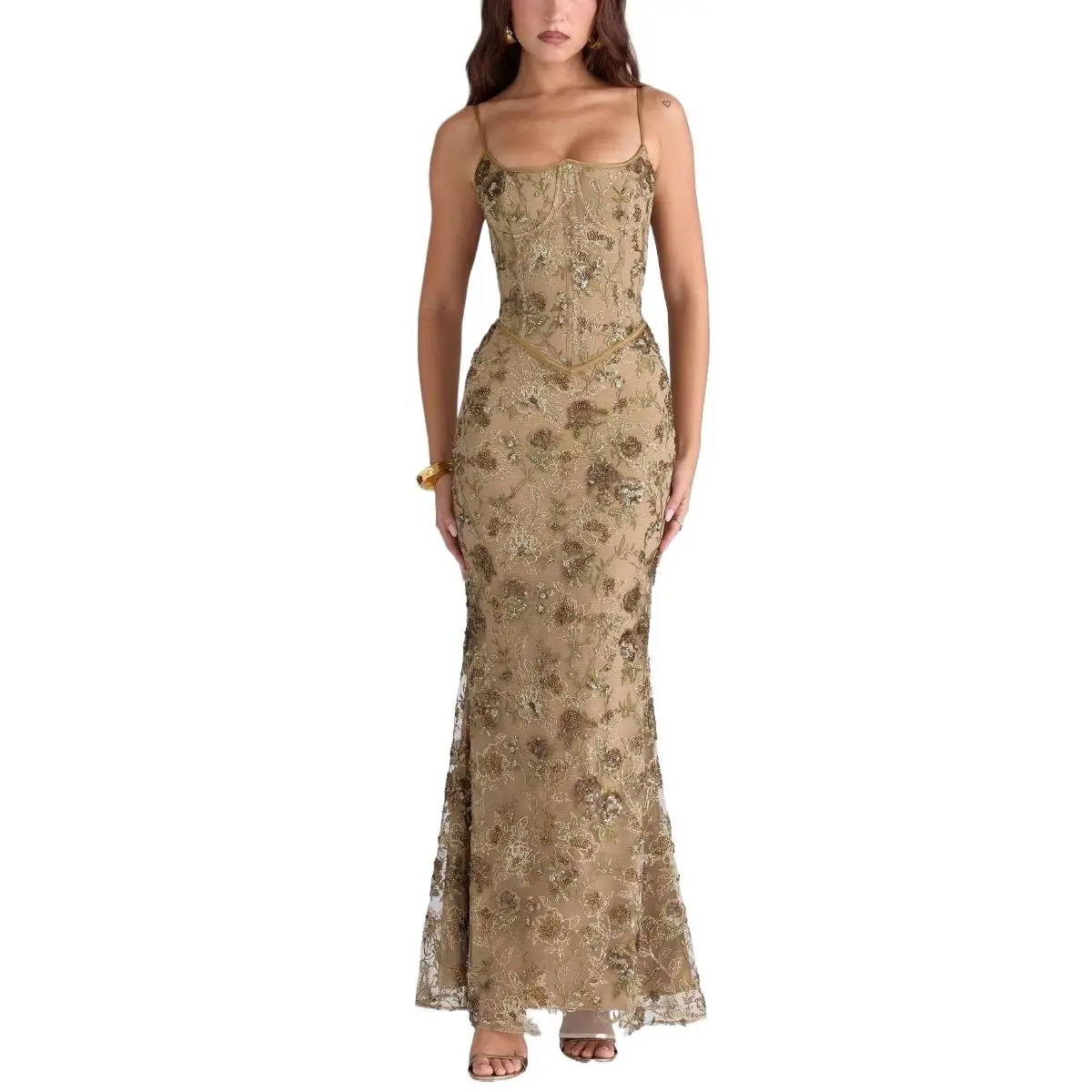 Women's Embroidered Floral Maxi Dress | Spaghetti Strap Backless Low Neck Sleeveless Elegant Party Wear