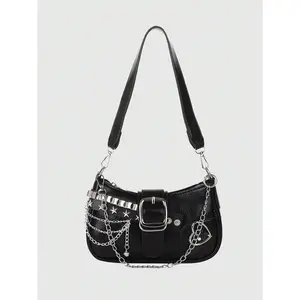 New Stylish Women Crossbody Bag With Chain Decor, Punk Rock Style Shoulder Bag, Cute Girly Dark Color