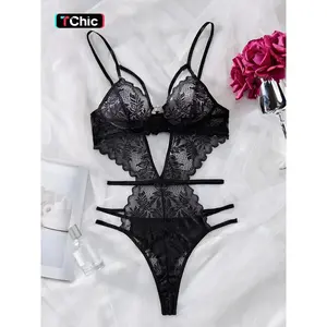 Women's Solid Cut Out Sheer Lace Lingerie Bodysuit, Fashion Comfy Sexy Breathable Push Up Bodysuit for Daily Wear, Women Sexy Lingeries for All Seasons, Lingerie Lace Nightwear, Underwear, Soft Lingerie