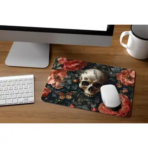 Goth Skull Floral Mouse Pad – Dark Academia Office Decor, Custom Gothic Mousepad