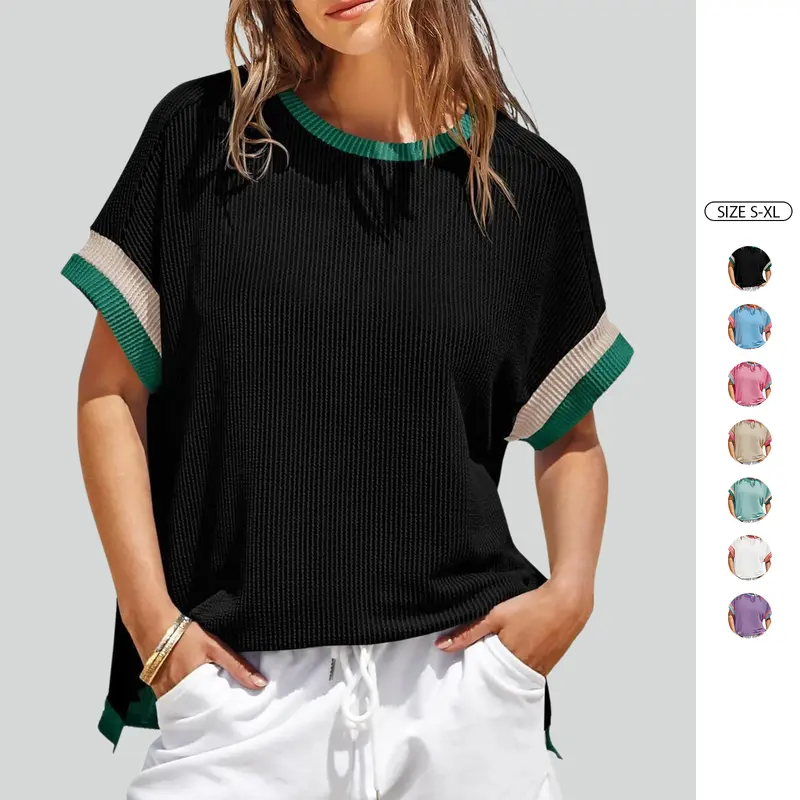 Imily Bela Womens Color Block Oversized Tops Trendy Casual Summer Textured Ribbed Knit T Shirts Loose Fit Short Sleeve Tshirts