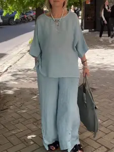 Plus Size - Plus Size - 2026 European And Hot-Selling Women'S Fashion Commuter Casual Round Neck Seven-Quarter Sleeve Plus Size Loose Casual Suit Wide-Leg Pants Two-Piece Set